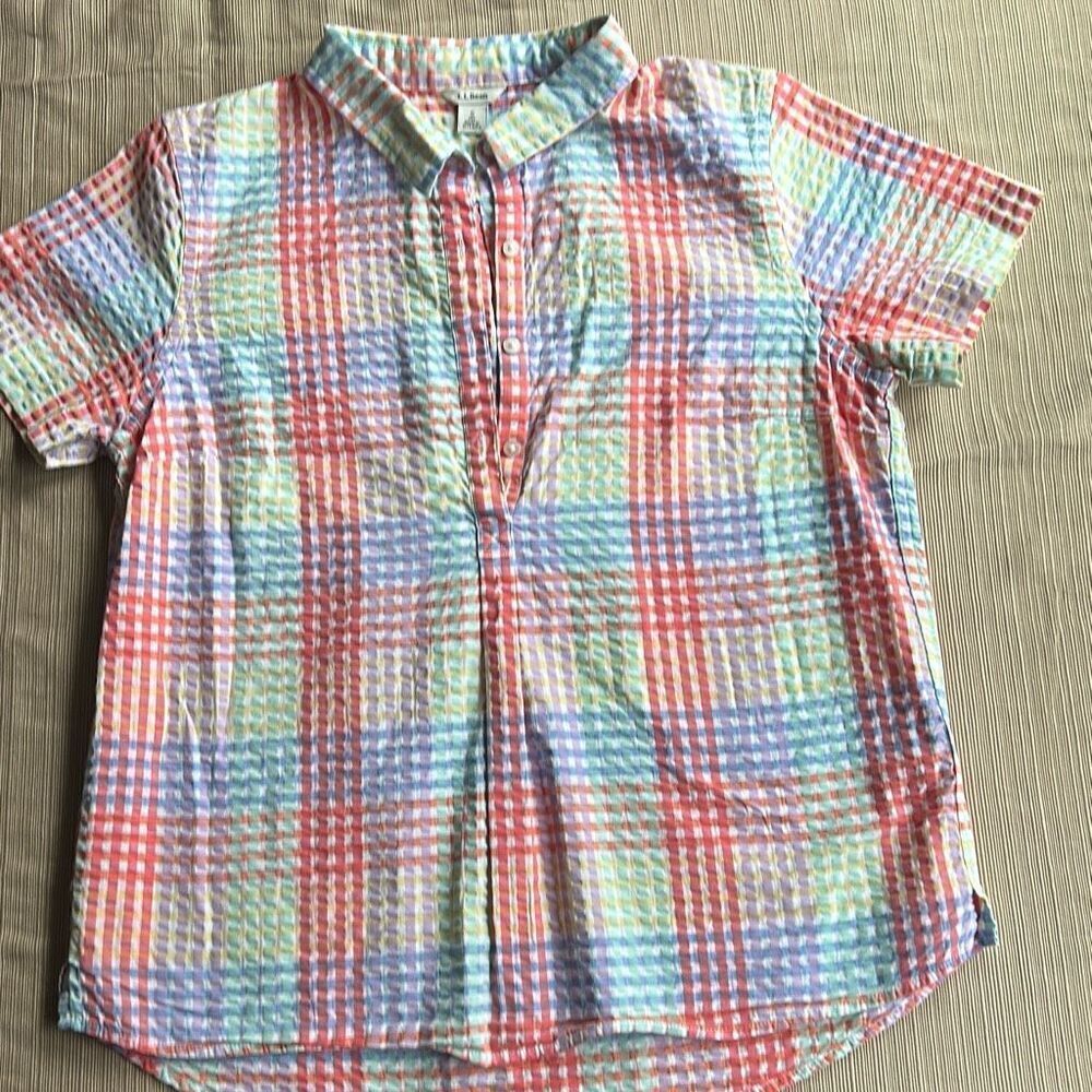 L.L. Bean Plaid Pullover Seersucker Shirt Collar Small